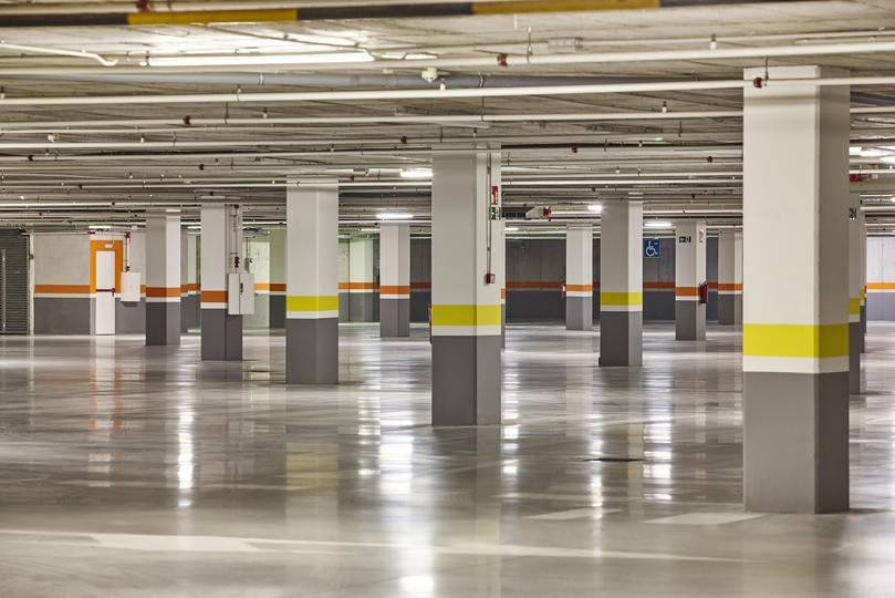 A finished concrete garage floor
